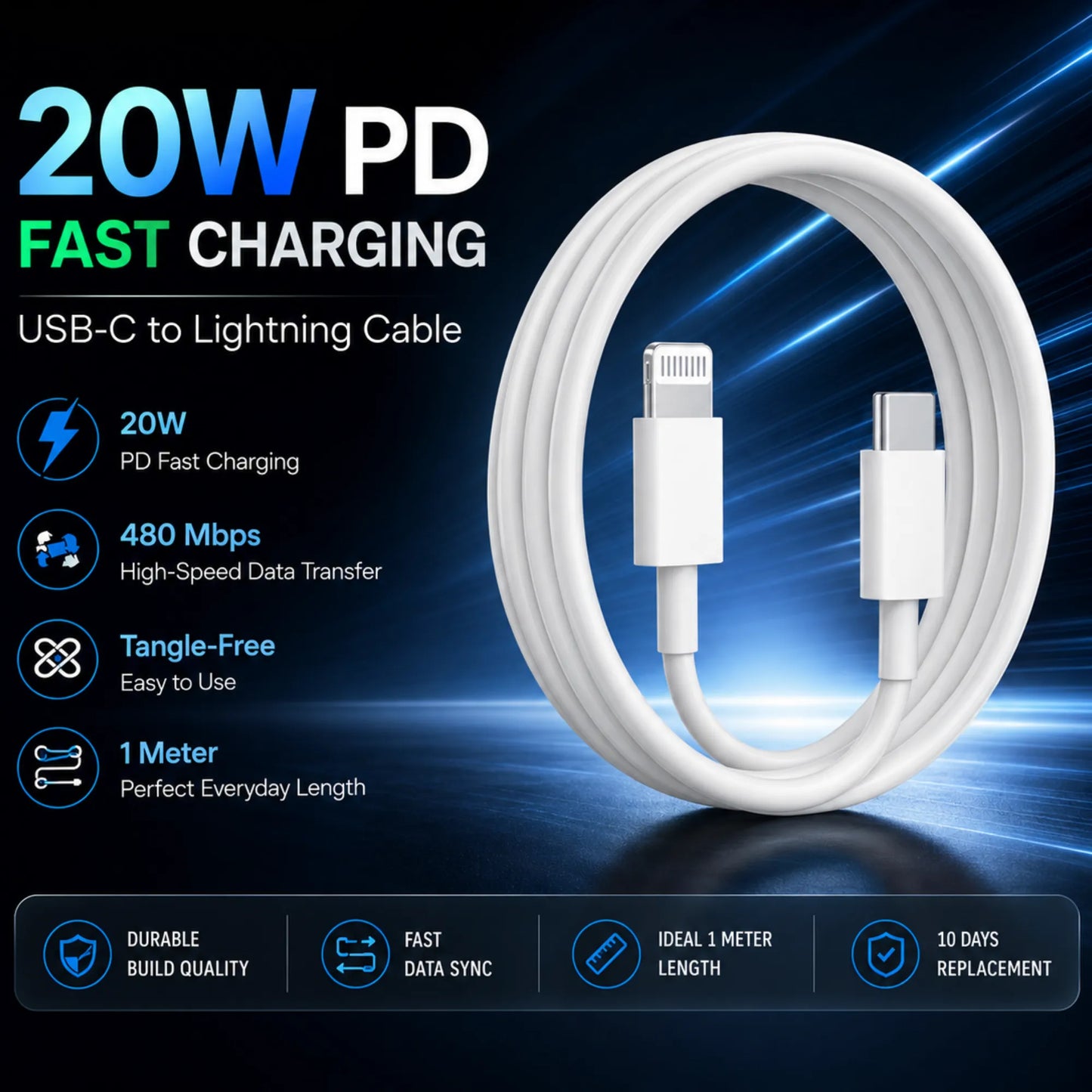 FoneForge USB-C to Lightning Fast Charging Cable for iPhone & Apple Devices