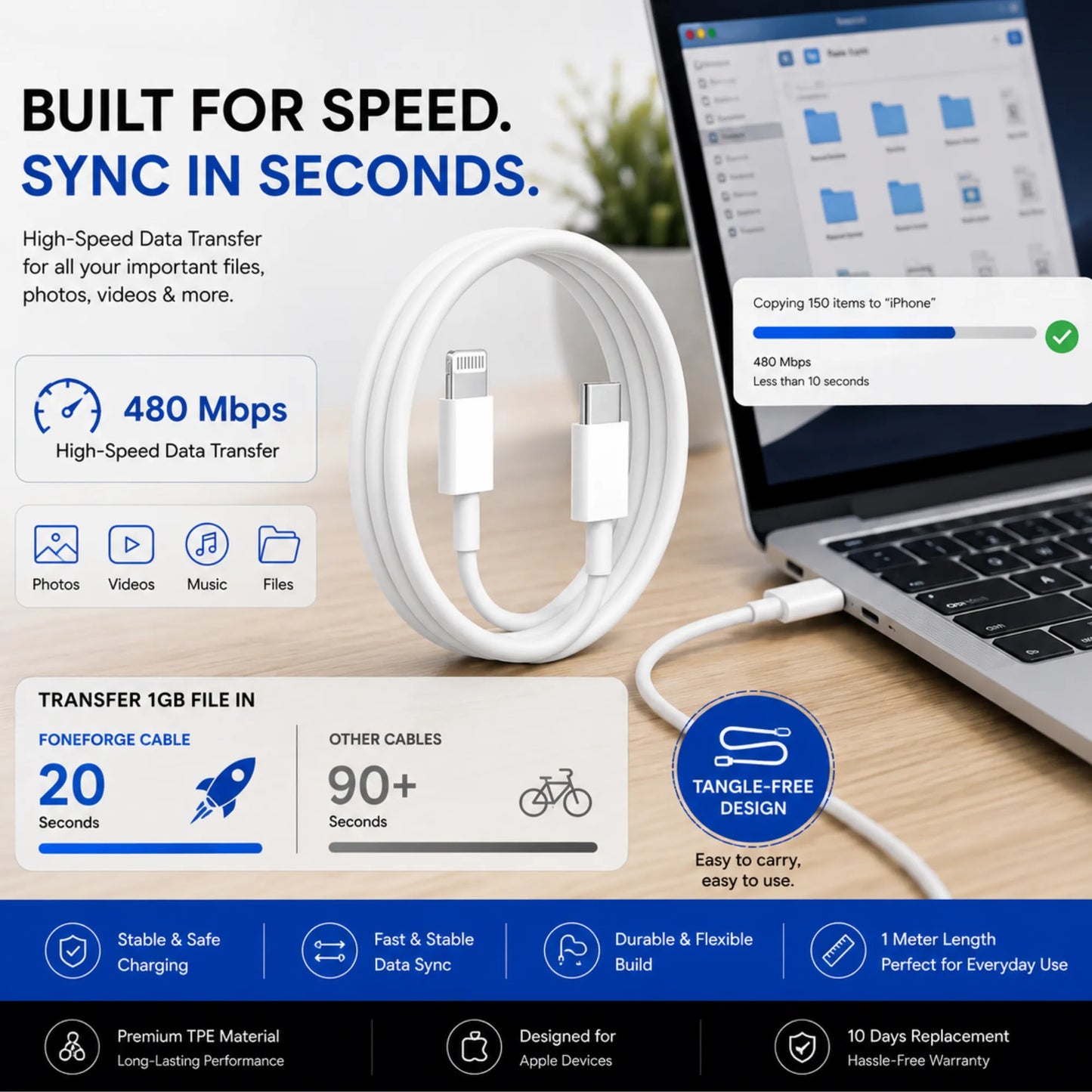 FoneForge USB-C to Lightning Fast Charging Cable for iPhone & Apple Devices