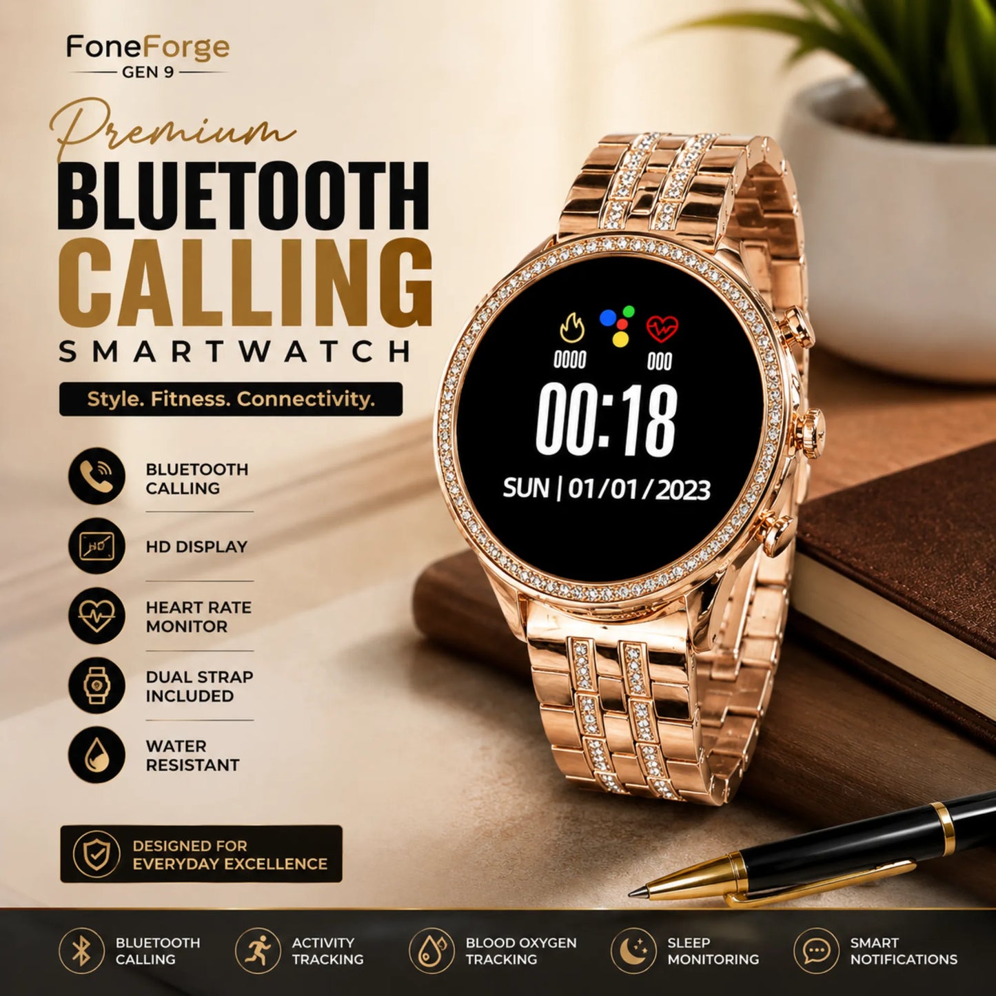 FoneForge Gen 9 Diamond Strap HD Display Smartwatch